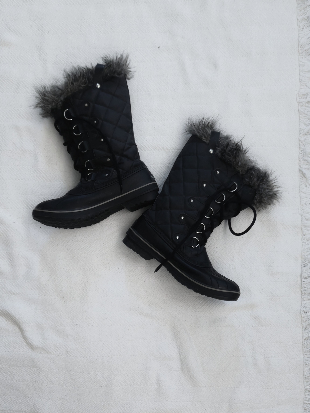 Sorel Black Quilted Lace-Up Winter Boots with Faux Fur Cuff
